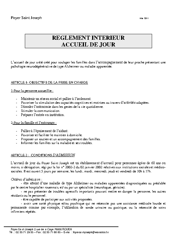 Réglement intérieur Accueil De Jour